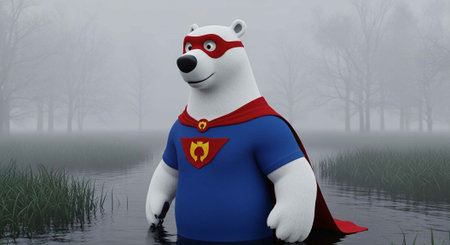 A cartoon polar bear dressed as a superhero stands in a misty swampy environmentの写真素材