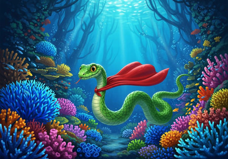 A green snake wearing a red cape swims through a vibrant coral reefの写真素材