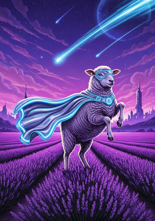 A superhero sheep wearing a cape and mask stands in a purple lavender fieldの写真素材