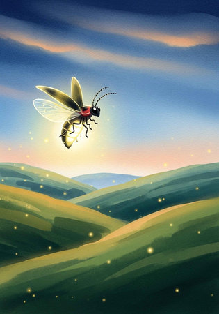 A firefly flying over a serene green landscape at sunset