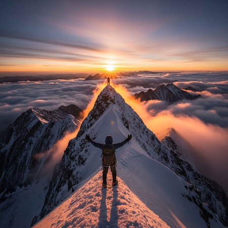 A triumphant hiker stands on a snowy mountain peak at sunrise above the clouds