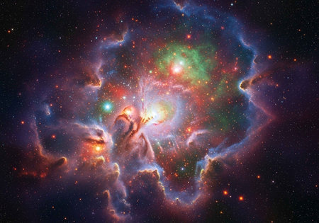 A vibrant nebula with colorful clouds of gas and stars in space
