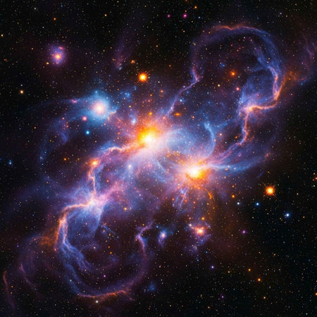 A vibrant nebula with stars and galaxies in deep spaceの写真素材