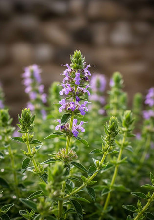A close-up view of purple flowers growing in a lush green garden