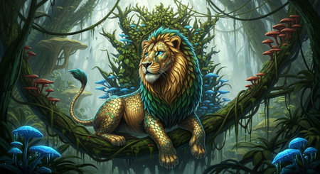 A majestic lion with a vibrant mane rests on a mossy tree branch in a mystical forestの写真素材