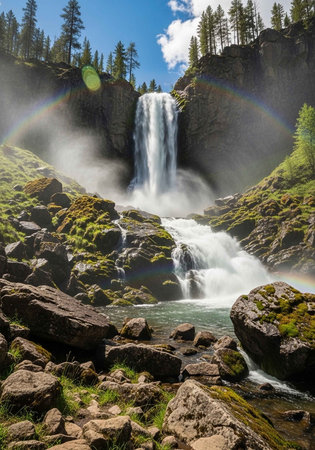 A serene waterfall cascading down a rocky cliff surrounded by lush greenery and a vibrant rainbow