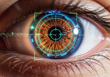 A close-up of a human eye with a futuristic digital iris scan