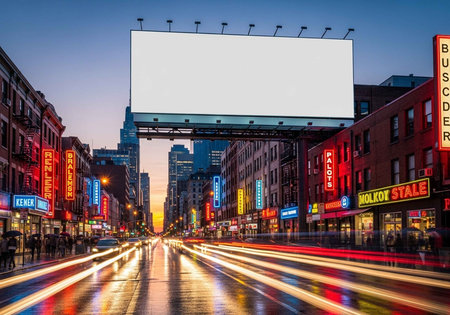 A bustling city street at dusk with a large blank billboard above