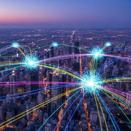 Aerial view of a city at dusk with colorful network connections