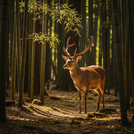 A deer with large antlers stands in a bamboo forest with sunlight filtering through the trees.