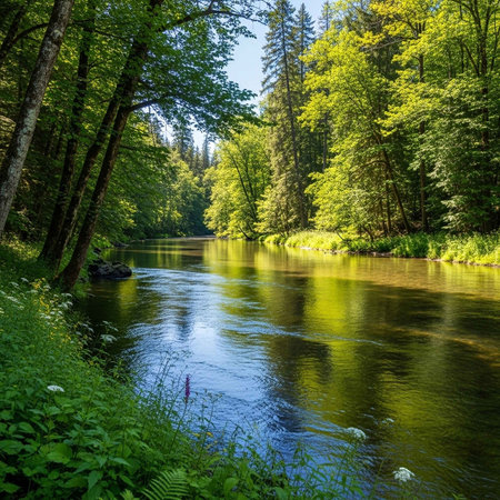 A serene river flowing through a lush green forest on a sunny day