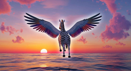 A winged zebra flying over the ocean at sunset with vibrant colors