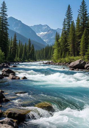 A serene river flows through a rocky landscape surrounded by evergreen trees and majestic mountains