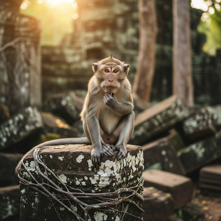 A curious monkey sitting on an ancient stone pillar in a templeの写真素材