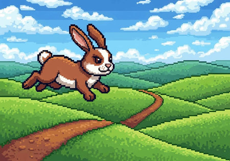 A brown rabbit runs along a winding dirt path in a green landscapeの写真素材