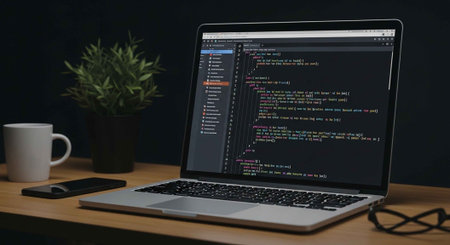 A laptop computer on a desk with coding software open on the screen