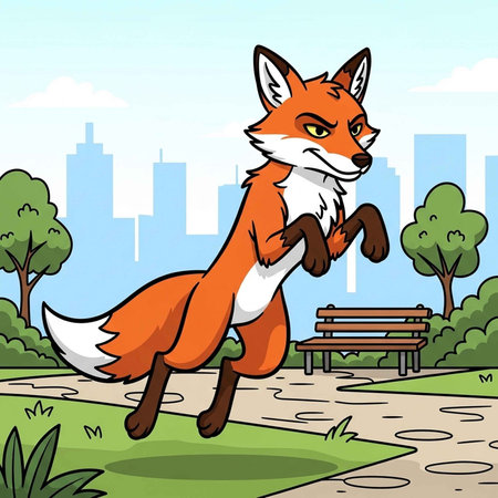 A cartoon fox jumping in a city park with a bench and treesの写真素材