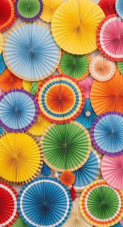 A vibrant display of colorful paper umbrellas hanging from above.の写真素材