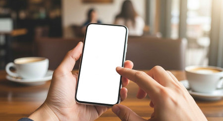 A person holding a smartphone with a blank screen in a coffee shop