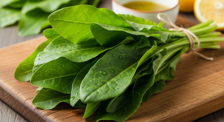Fresh spinach leaves on a wooden cutting board with lemon and oil