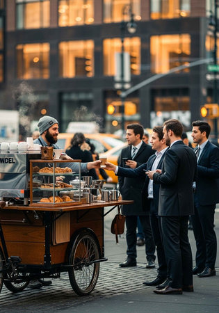 A street vendor selling pastries to people on a city sidewalk