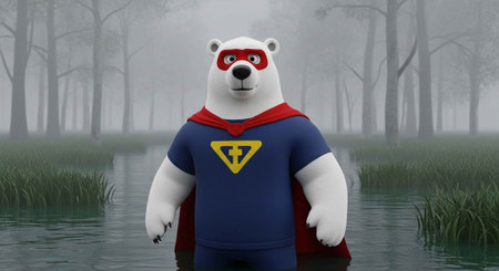 A cartoon polar bear superhero standing in a misty forest lake