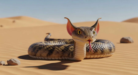 A large snake with horns lies in the desert sand