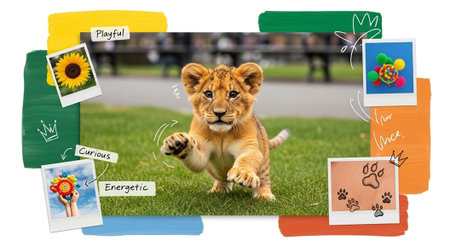 A playful and curious lion cub running in a park with colorful illustrations