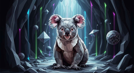 A cartoon koala sitting in a futuristic cave with neon lights and geometric shapesの写真素材