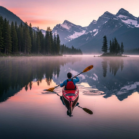 A serene kayaking experience on a calm lake surrounded by mountains at sunsetの写真素材