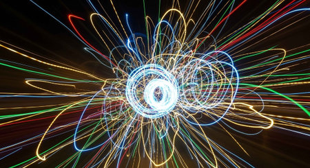 A vibrant display of colorful light trails against a dark background