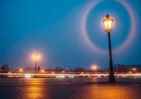 A lone street lamp stands on a wet road at dusk with a halo of light around it