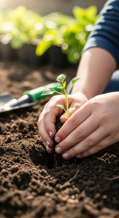 A person gently planting a young green seedling in the soilの写真素材