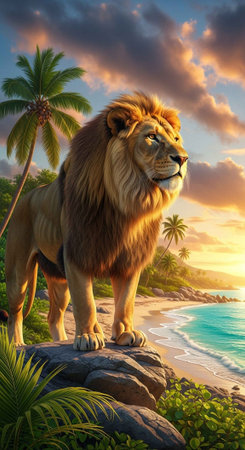 A majestic lion standing on a rocky beach at sunset with palm treesの写真素材