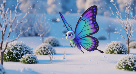 A colorful butterfly flies through a snowy winter landscape with trees and bushesの写真素材