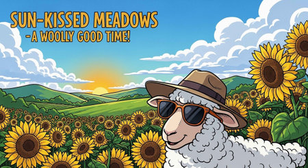 A cartoon sheep wearing sunglasses and a hat in a field of sunflowers at sunsetの写真素材