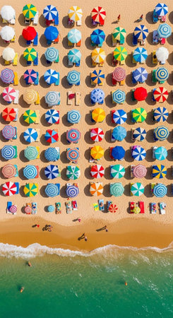 Aerial view of a vibrant beach with colorful umbrellas and people enjoying the ocean