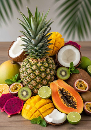 A vibrant arrangement of exotic fruits on a wooden table