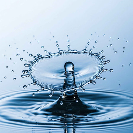 A close-up view of a water droplet splashing into a pool of calm water