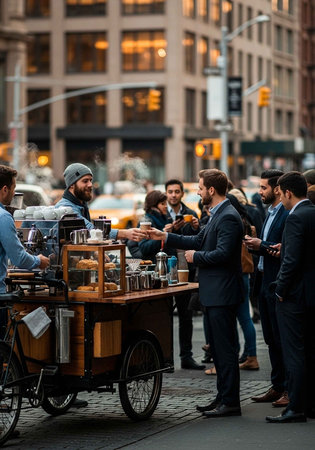 A group of businessmen enjoying coffee from a street cart in the cityの写真素材