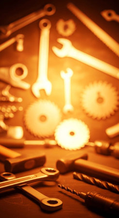 A collection of various tools and gears on a workbench in a workshop