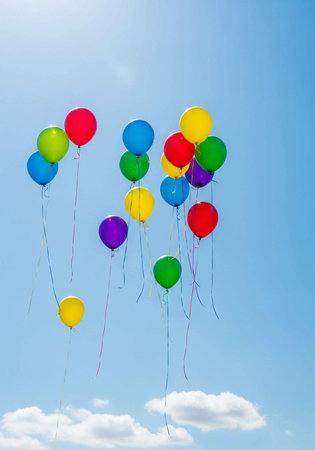 A bunch of colorful balloons floating in the clear blue sky