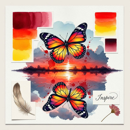 A colorful illustration of butterflies and a serene sunset landscape with inspiring elementsの写真素材