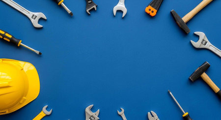 A collection of various tools and equipment on a blue background
