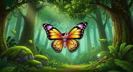 A colorful butterfly flying in a vibrant green forest with trees and plantsの写真素材