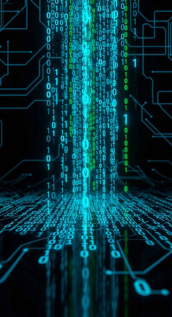 A futuristic digital illustration of binary code streaming down a circuit board