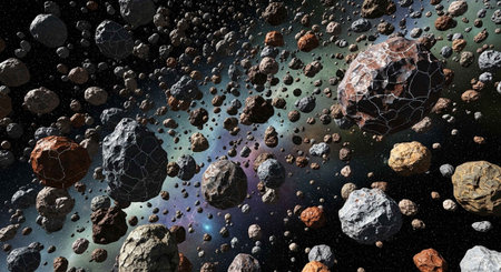 A stunning view of numerous asteroids floating in space with a colorful background