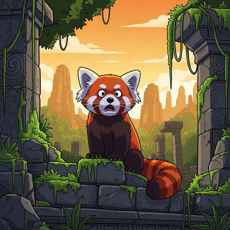 A cartoon red panda sitting on ancient stone ruins at sunsetの写真素材