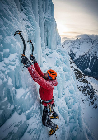 A man in a red jacket climbing an icy mountain with ice axes