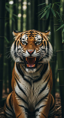 A fierce tiger roaring in a bamboo forest with an open mouth